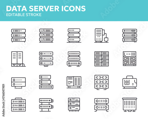 Collection of server icons depicting data storage and processing units in a minimalist line art style