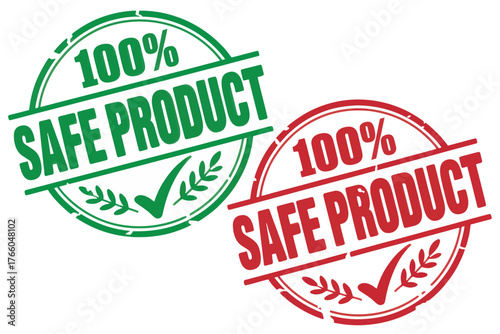 Two circular stamps with the text safe product and a checkmark one in green and one in red color on white background