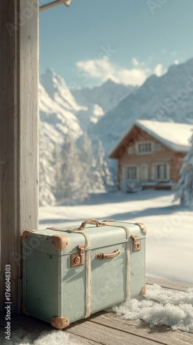 Suitcase Rests on Snowy Porch of Mountain Cabin on a Bright Winter Day