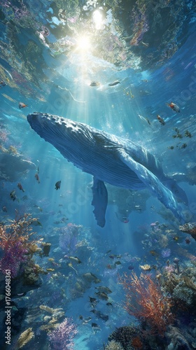 Majestic Whale Gliding Through Vibrant Coral Reef Teeming With Diverse Marine...