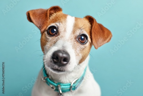 Cute Dog With Brown and White Fur Poses Against a Light Blue Background