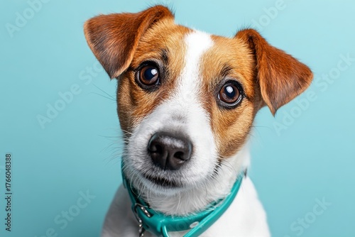Cute Dog With Brown and White Fur Poses Against a Light Blue Background