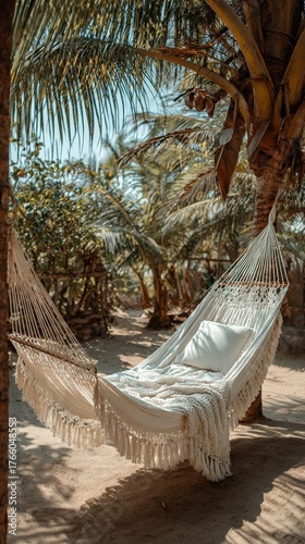 Relaxing Hammock Under Palm Trees in a Tropical Setting During Sunny Weather
