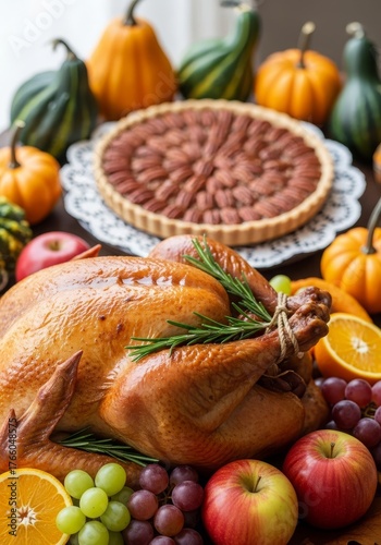 A festive Thanksgiving dinner table with a roasted turkey, pecan pie, and fresh autumn fruits and gourds.