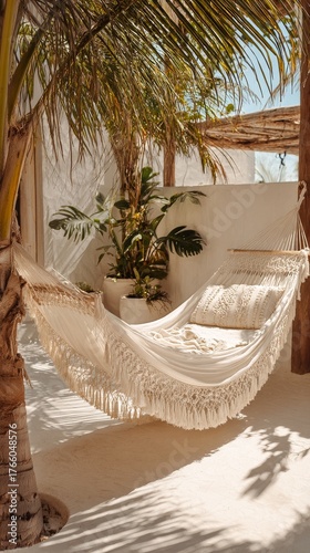 Relaxing Hammock Under Palm Trees in a Tropical Setting During Sunny Weather