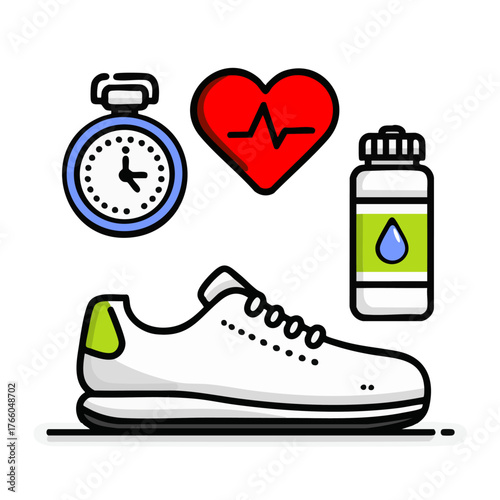 Fitness and workout vector illustration with running shoe stopwatch heart and water bottle in flat outline style