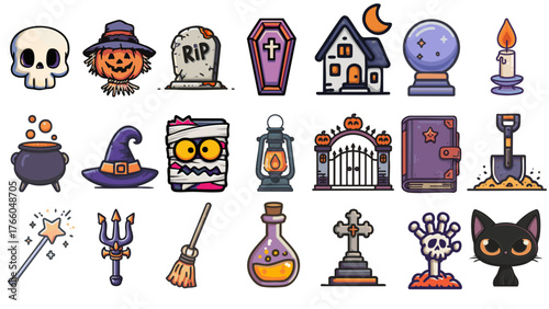Halloween vector icon set in flat outline style with spooky and magical symbols