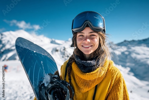 Smiling Snowboarder Poses on Snowy Mountain Slope Under Clear Blue Sky in Win...