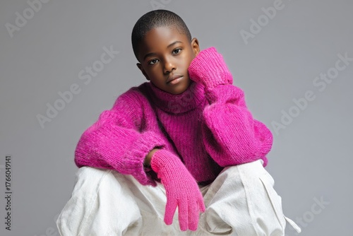 Young Boy in a Cozy Pink Sweater Poses Confidently in a Neutral Studio Setting