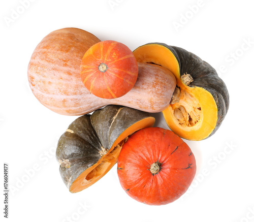 Konstfotografi Whole and cut pumpkins isolated on white, top view. Gourd family