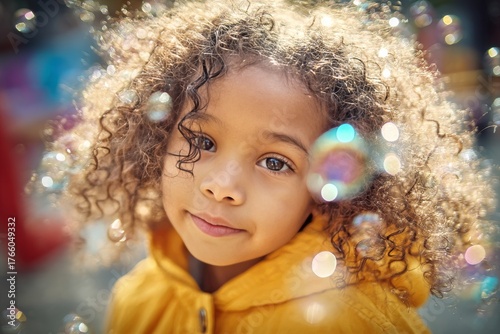Young Child With Curly Hair Enjoying Bubble Play Outdoors on a Sunny Day