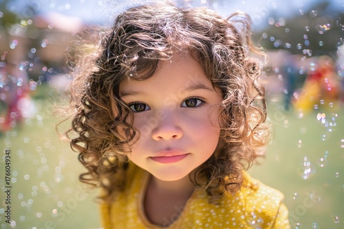Young Child With Curly Hair Enjoying Bubble Play Outdoors on a Sunny Day