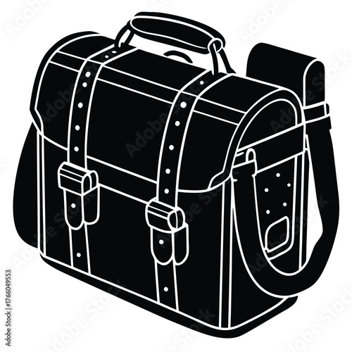 Black and white outline drawing of a classic leather satchel with buckles and straps Keywords: satchel