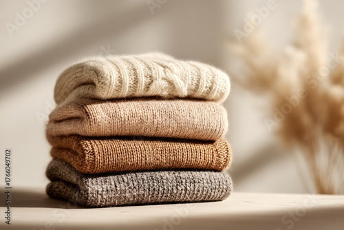 Cozy Knitted Sweaters Stacked Neatly on a Wooden Table With a Soft Background
