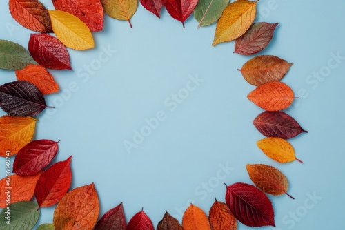 Colorful Autumn Leaves Arranged in a Circle on a Light Blue Background