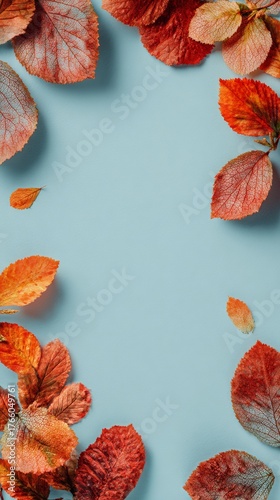 Colorful Autumn Leaves Border on a Soft Blue Background Creating a Warm Seaso...