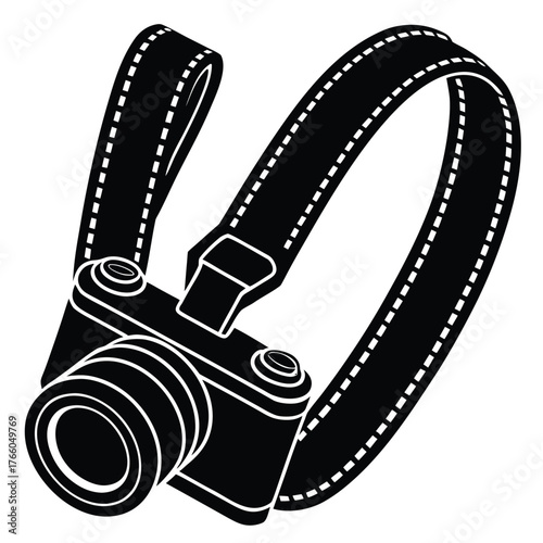 Black silhouette of a camera with a film strip as a strap photography