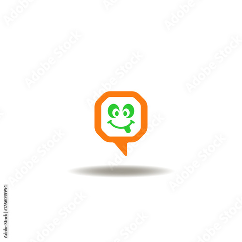 Vector illustration of talk bubble and smile face with tongue. Symbol of customer satisfaction. Icon of good support service.