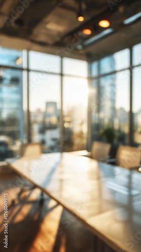 Modern Office Meeting Room With Sunset Glow and Reflections on Wooden Table