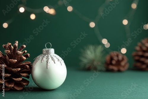 Decorative White Ornament With Pinecones and Holiday Lights in a Cozy Setting