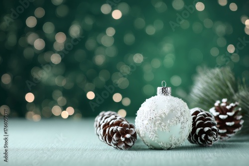 Holiday Decorations With Snow-Covered Ornaments and Pine Cones on Green Background