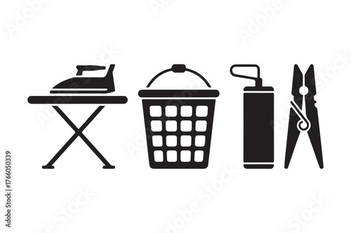 Laundry and ironing tools silhouette icons
