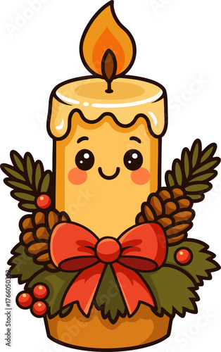 Cute kawaii-style candle with a red bow and holly leaves, perfect for Christmas and holiday-themed designs.