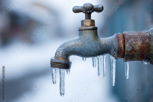 Frozen Water Dripping From a Metal Faucet in a Cold Winter Setting