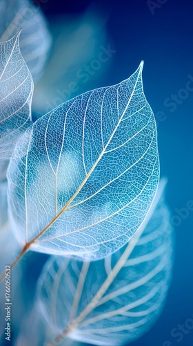 Beautiful Translucent Leaves With Intricate Details Against a Soft Blue Backg...