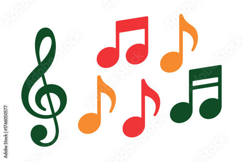 A green treble clef and several colorful music notes on a white background in a digital image