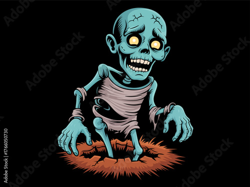 Scary cartoon zombie out of the grave. Creepy undead character. Halloween zombie character for Halloween party , poster, card, banner, spooky design, digital art. Undead monster. Vector illustration