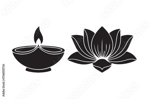 Diya and lotus flower silhouette for spiritual and festive occasions