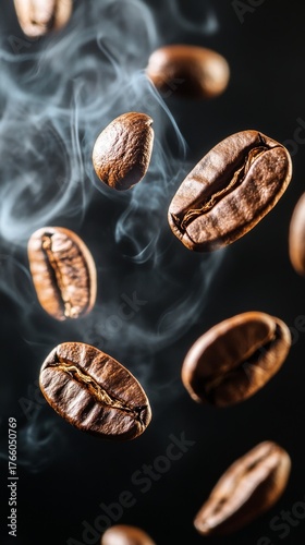 Fresh Coffee Beans Float in the Air With Steam Highlighting Their Texture and...