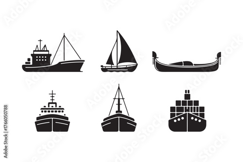 Collection of diverse ship silhouettes on a white background