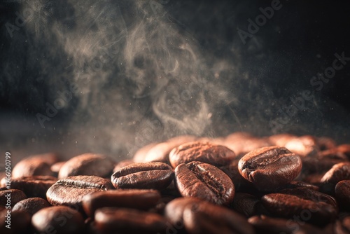 Freshly Roasted Coffee Beans Releasing Aromatic Steam in a Dark Setting
