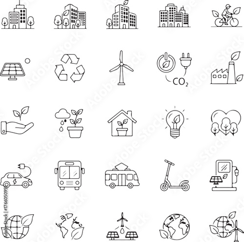 Green city icons for sustainable urban living and renewable energy vector
