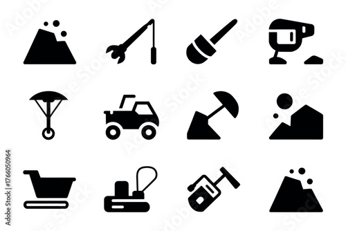 Illustration of landslide mountain wrench tool screwdriver rover shovel cart lawnmower and more