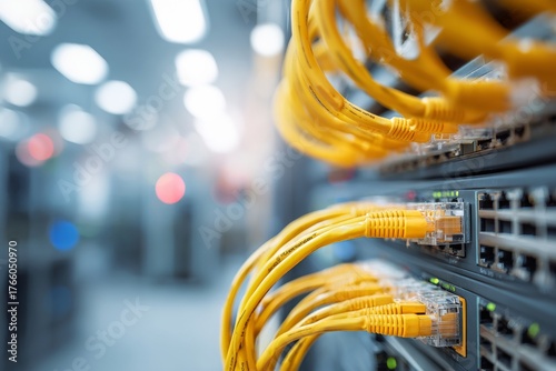 Close View of Network Cables Connected to Switches in a Data Center With Blur...