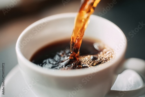 Coffee Being Poured Into a White Cup With Bubbles Forming in a Cozy Cafe Setting