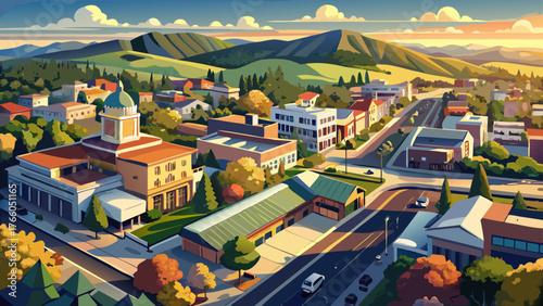 
Very beautiful, afternoon aerial view of the historic downtown urban core of Novato, California, USA, city streets, historic buildings, parks, rooftops, bustling activity, and scenic suburban landsca
