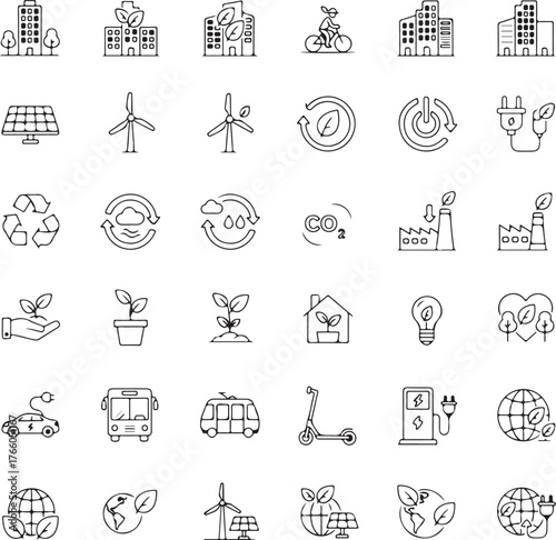 Green city line icons for sustainability, net zero, renewable energy, recycling, efficiency, eco buildings, smart grid, battery storage
