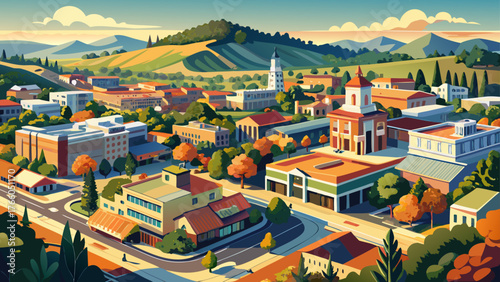 
Very beautiful, afternoon aerial view of the historic downtown urban core of Novato, California, USA, city streets, historic buildings, parks, rooftops, bustling activity, and scenic suburban landsca