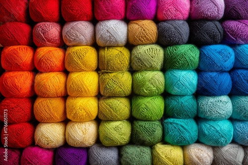 Colorful Yarn Display Arranged in Vibrant Rows Showcasing Various Shades