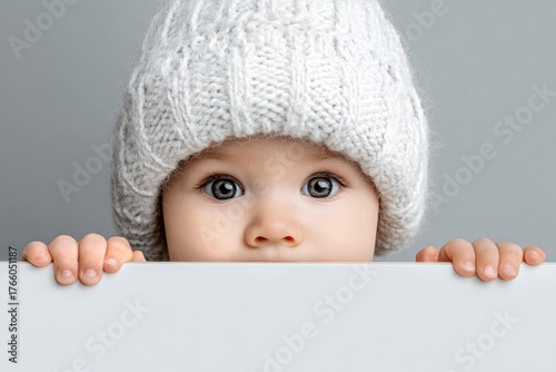 Cute Baby Wearing a Knitted Hat Peeking Over a White Surface in a Cozy Indoor...
