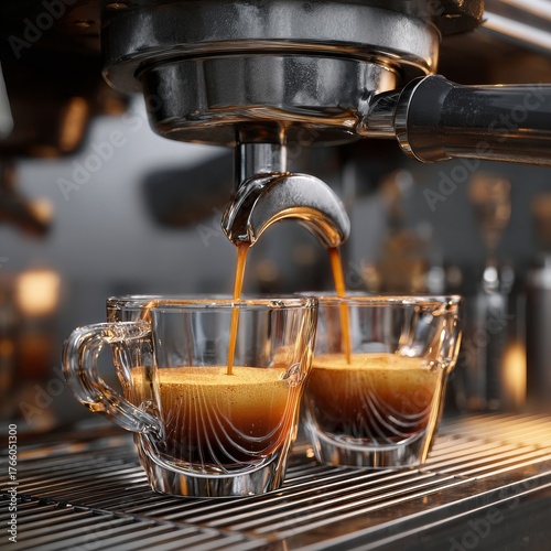 Fresh Espresso Being Extracted Into Clear Cups in a Cozy Coffee Shop Setting
