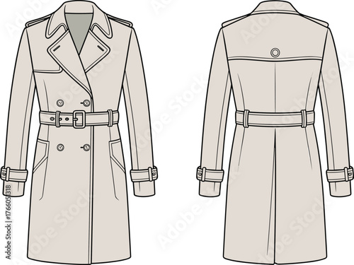 CAD drawing flat vector illustration, trench coat front and back, fashion design template, apparel sketch, clothing mockup, garment technical illustration