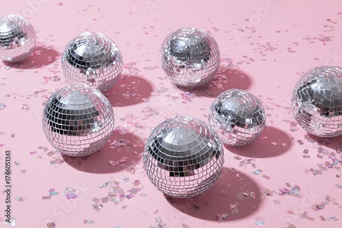Disco Balls on a Pink Background With Colorful Confetti Scattered Around