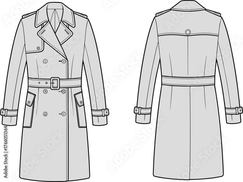 CAD drawing flat vector illustration, trench coat front and back, fashion design template, apparel sketch, clothing mockup, garment technical illustration