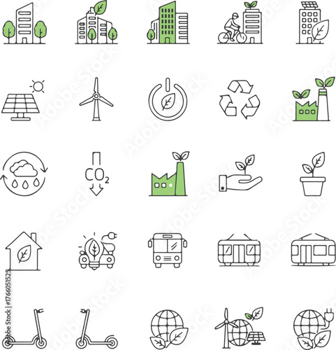 Green City Web Icon Set – Thin Line Eco Urban Vector Collection