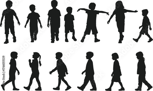 Silhouettes of children walking, standing, playful poses, child development, family lifestyle, posture study, gesture variation, social interaction, vector illustration